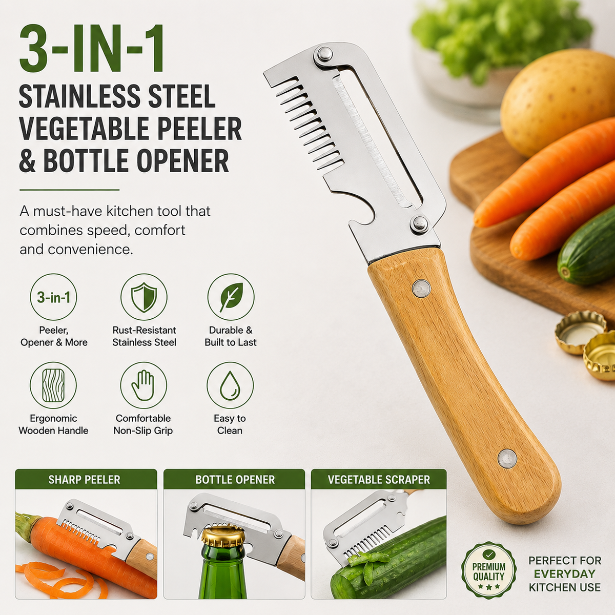 3-in-1 Stainless Steel Vegetable Peeler & Bottle Opener