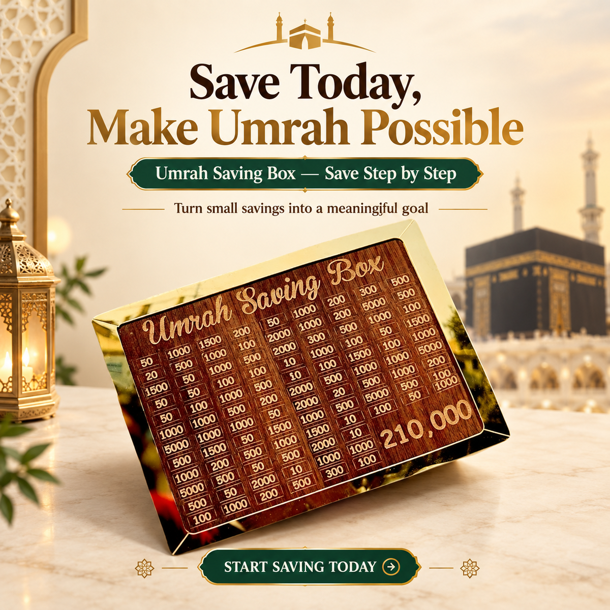 Wooden Umrah Saving Box – Premium 210,000 Goal Money Box
