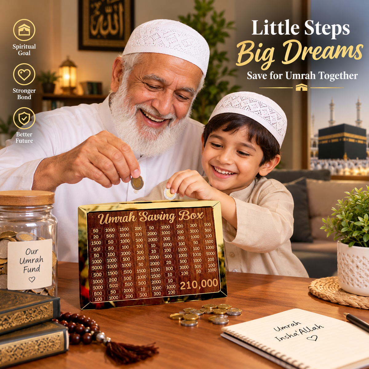 Wooden Umrah Saving Box – Premium 210,000 Goal Money Box